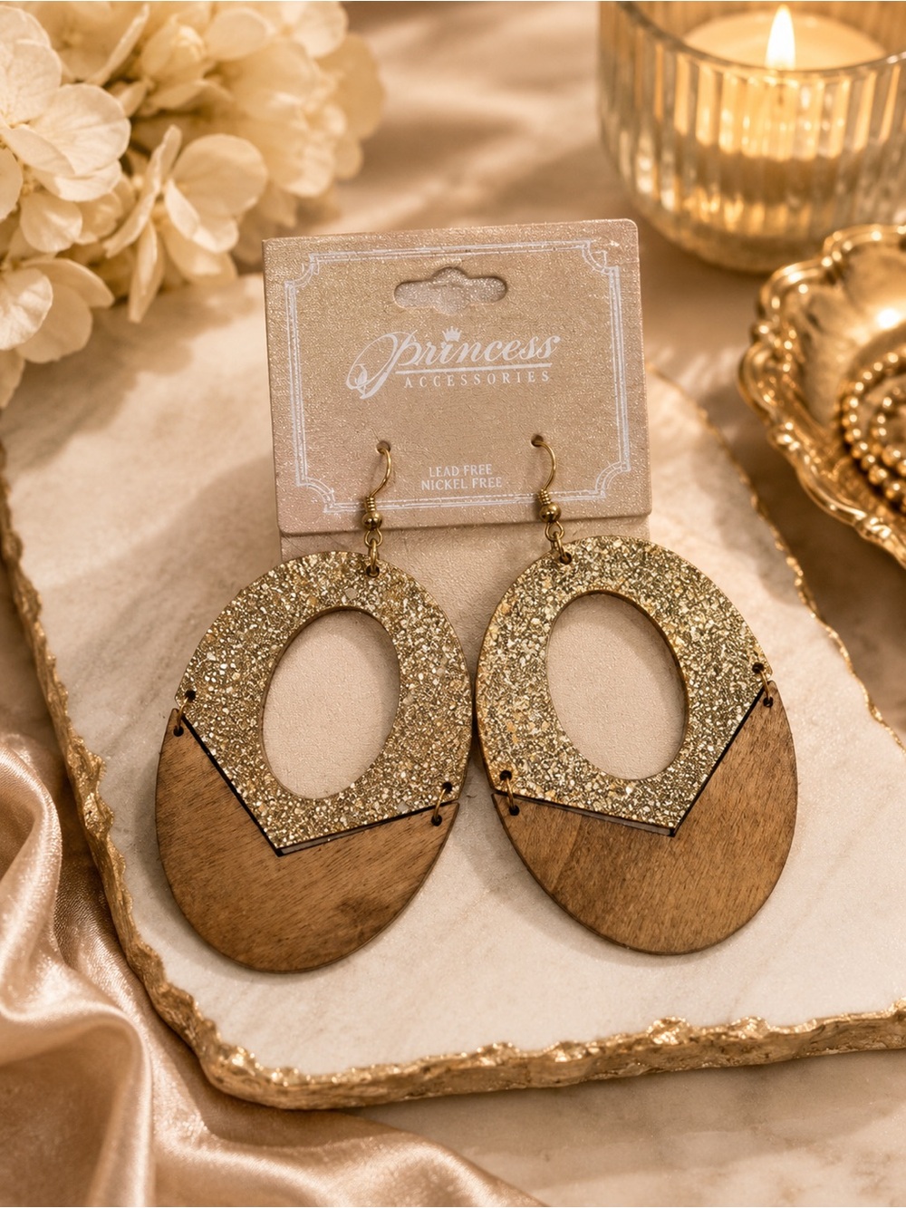 Princess Accessories Gold Glitter & Wood Oval Drop Earrings